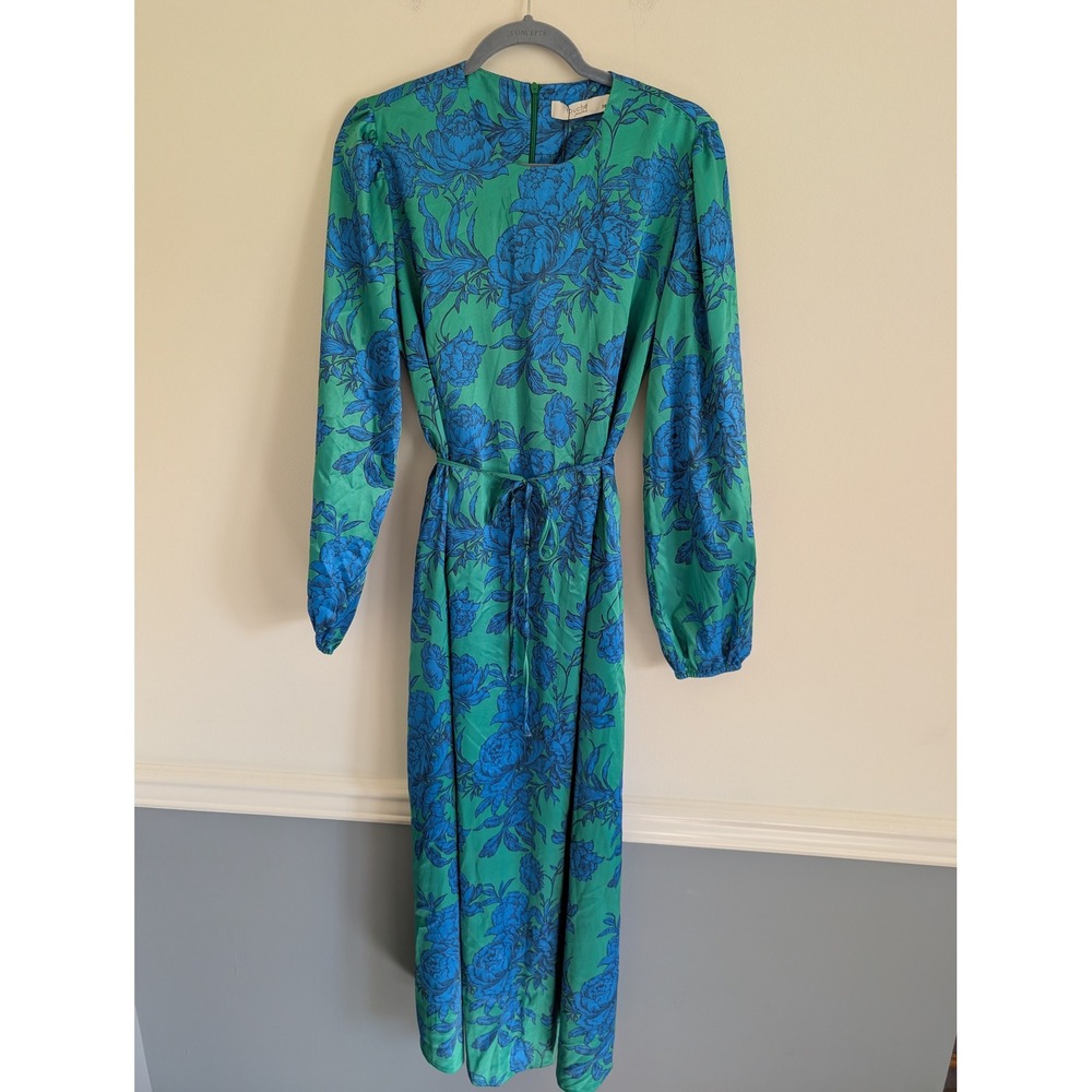 Touche Prive Green Blue Floral Maxi Dress Belted Size 38 NEW flowy modest